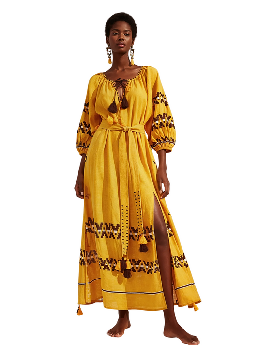 Yellow dress with brown embroidery long sleeves 