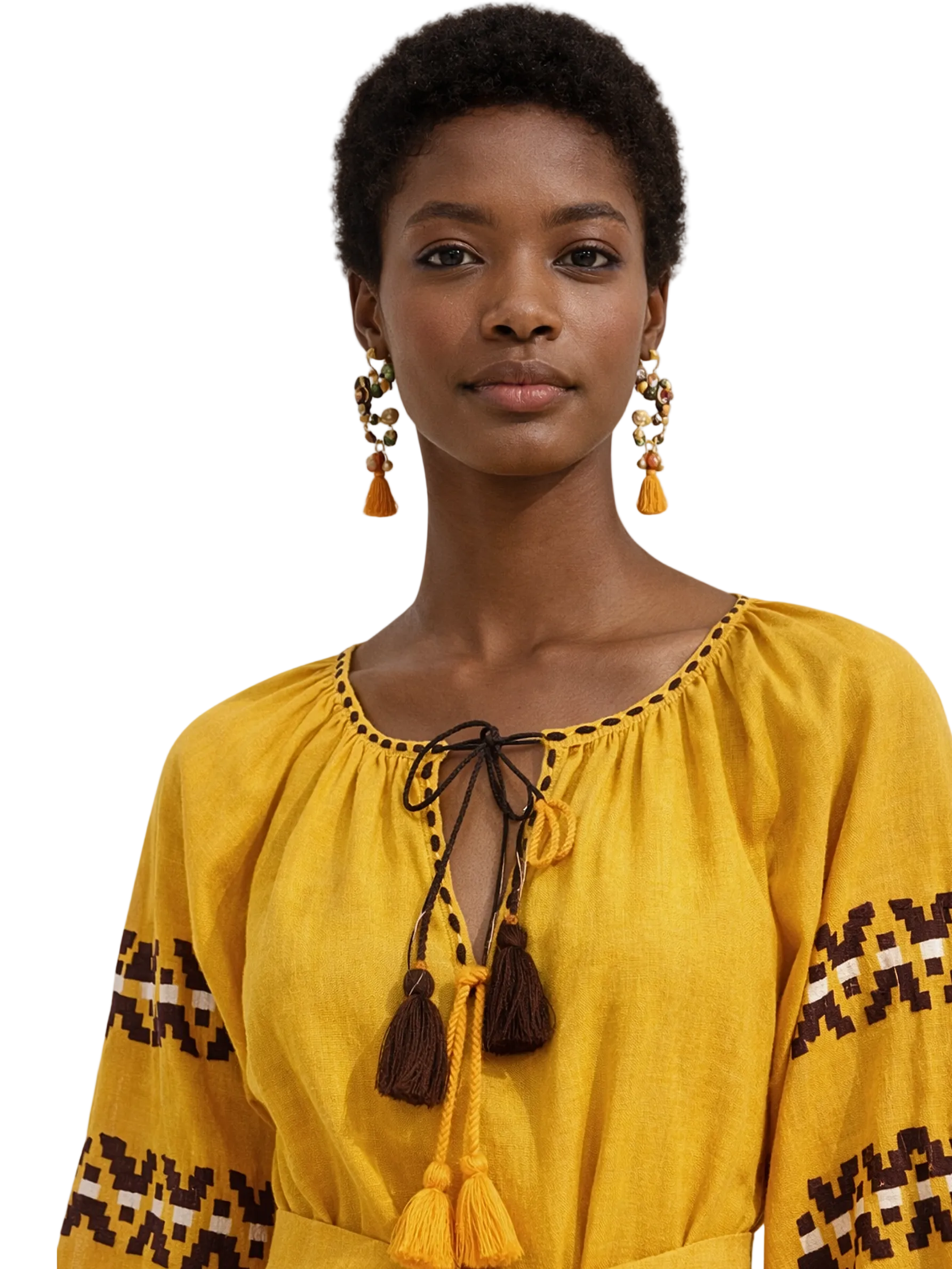 Yellow dress with brown embroidery long sleeves 