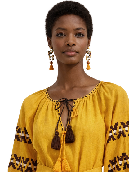 Yellow dress with brown embroidery long sleeves 