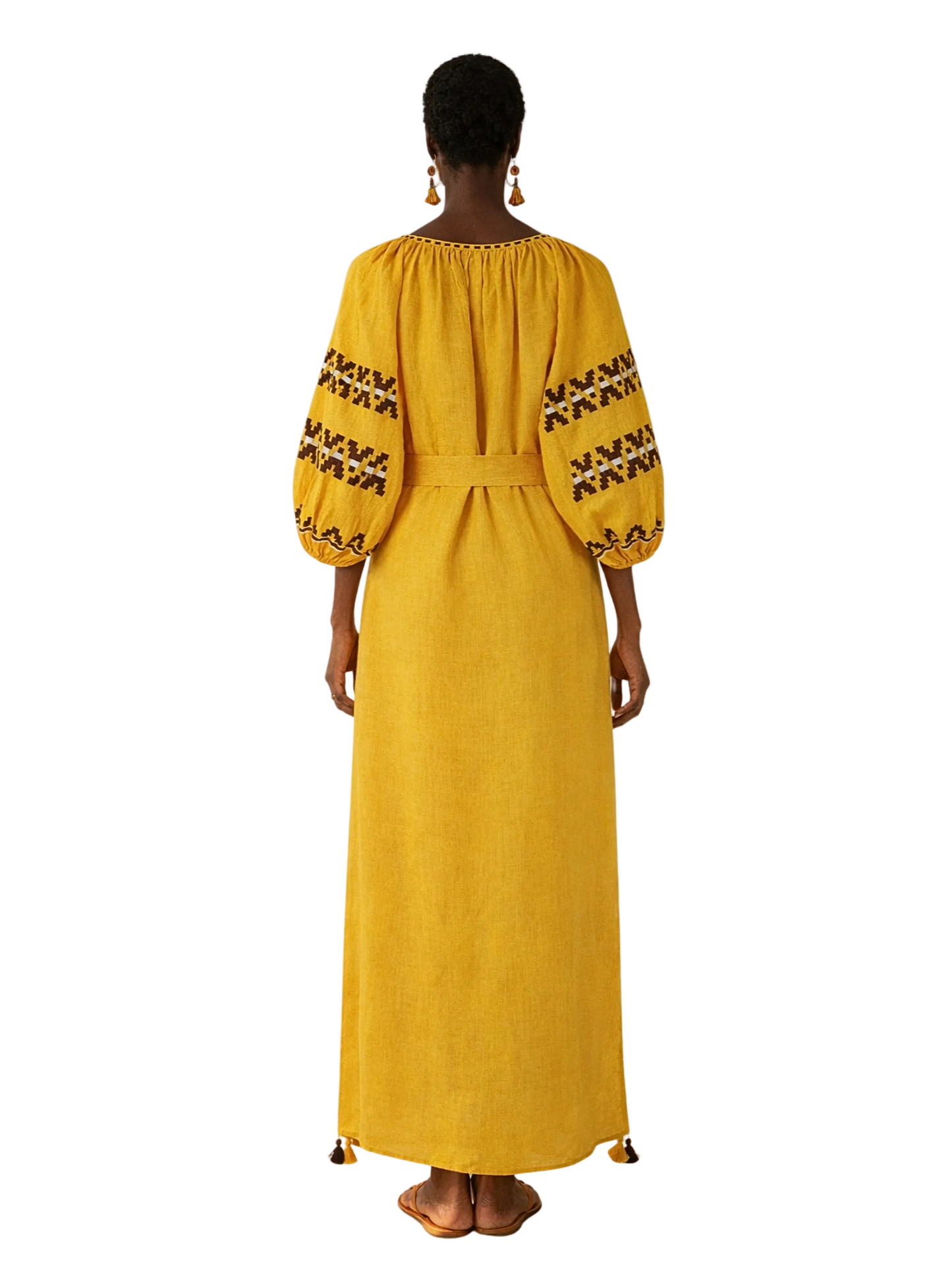 Yellow dress with brown embroidery long sleeves 