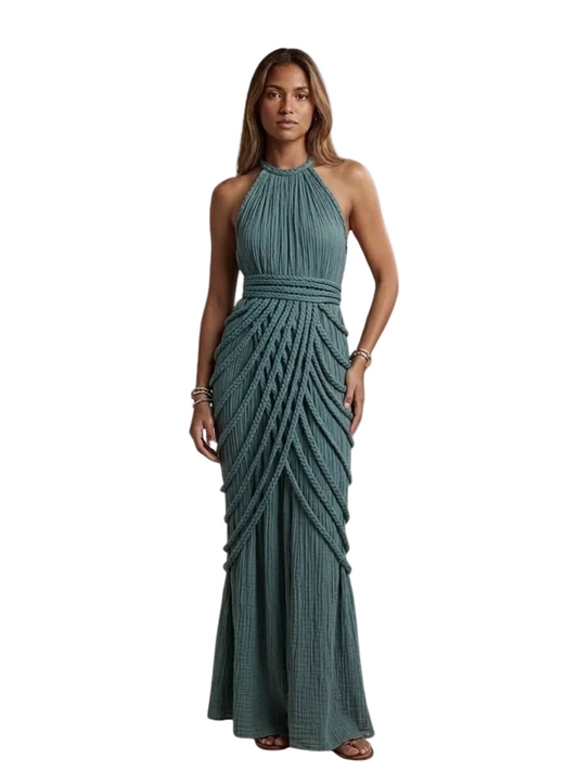  green halter neck dress with rope detail