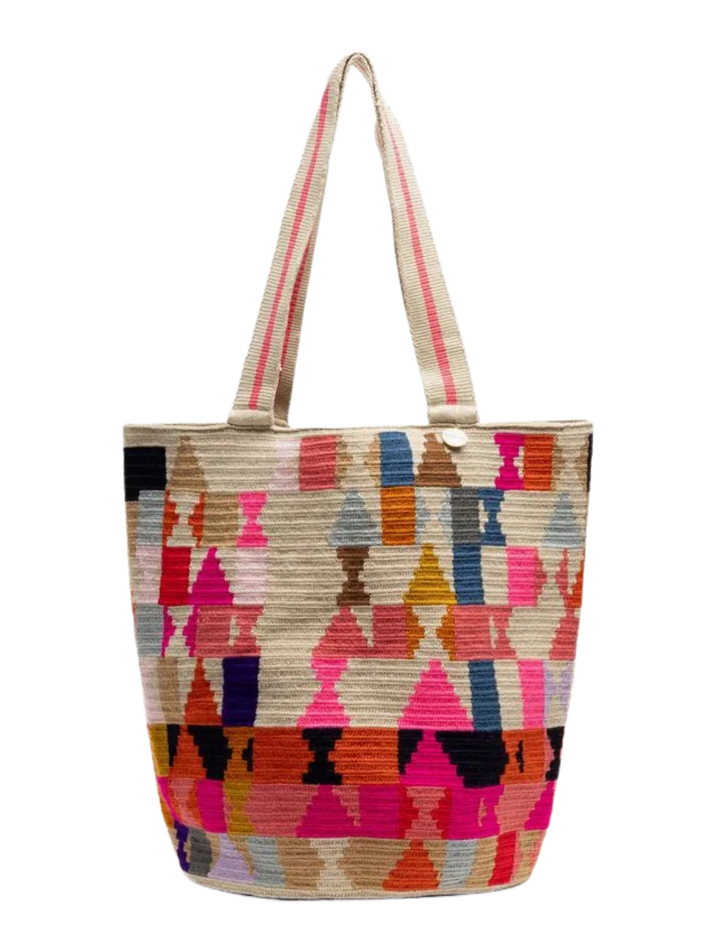 Colorful patterned tote bag with striped handles