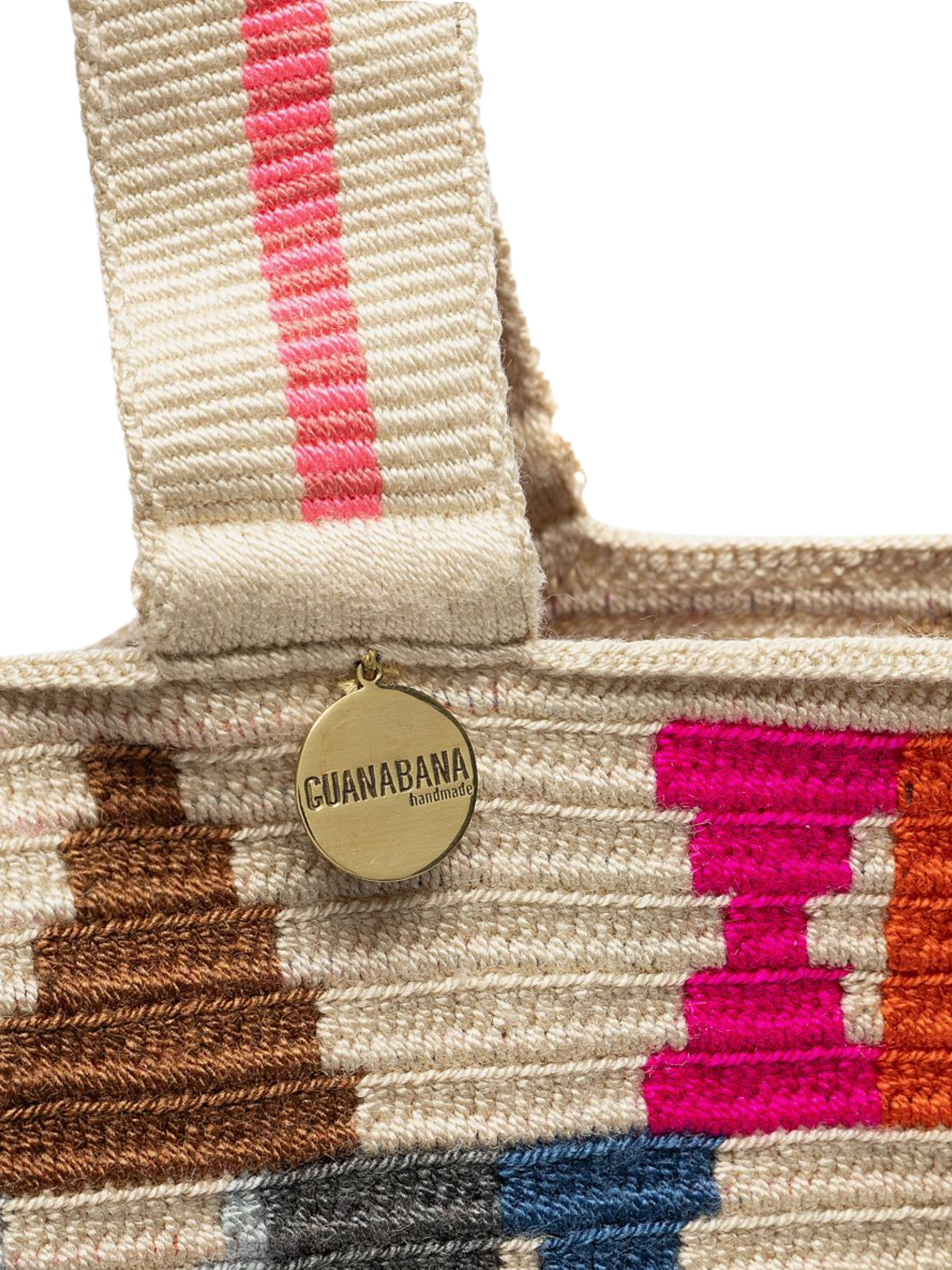 Colorful patterned tote bag with striped handles