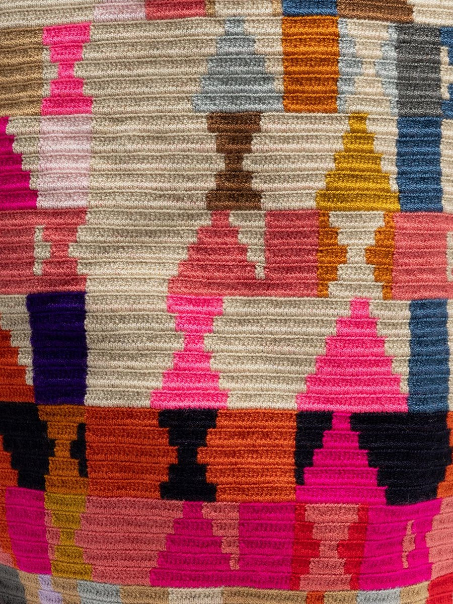 Colorful patterned tote bag with striped handles