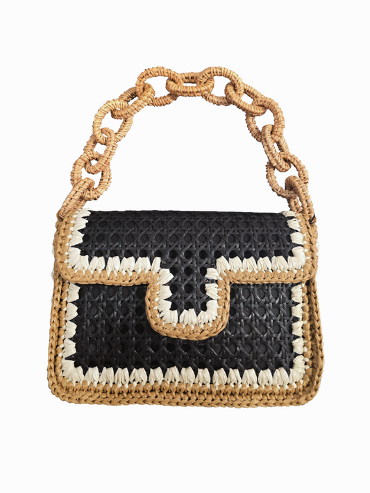Black handbag with woven bamboo  handle