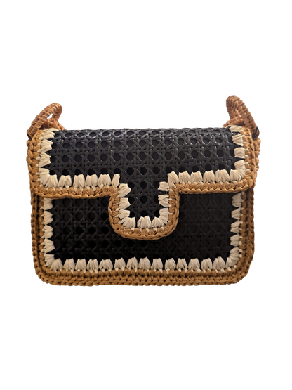 Black handbag with woven bamboo  handle