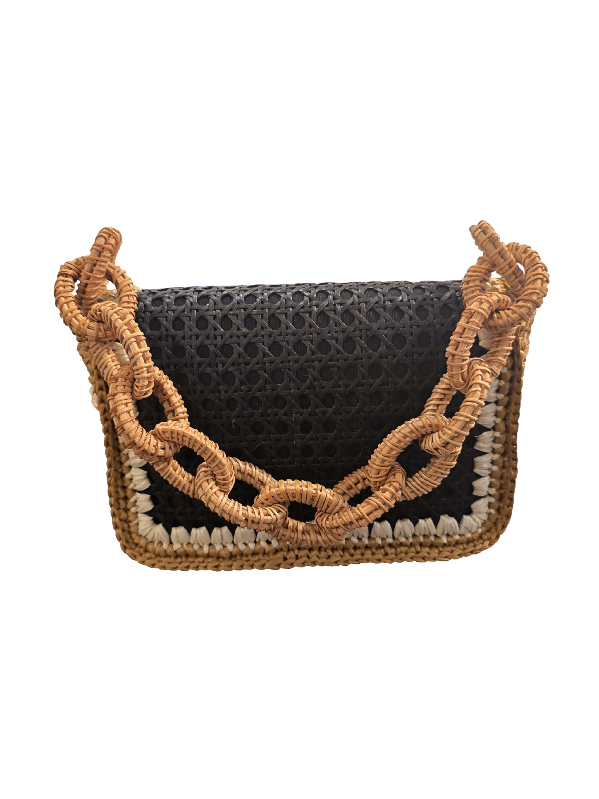 Black handbag with woven bamboo  handle
