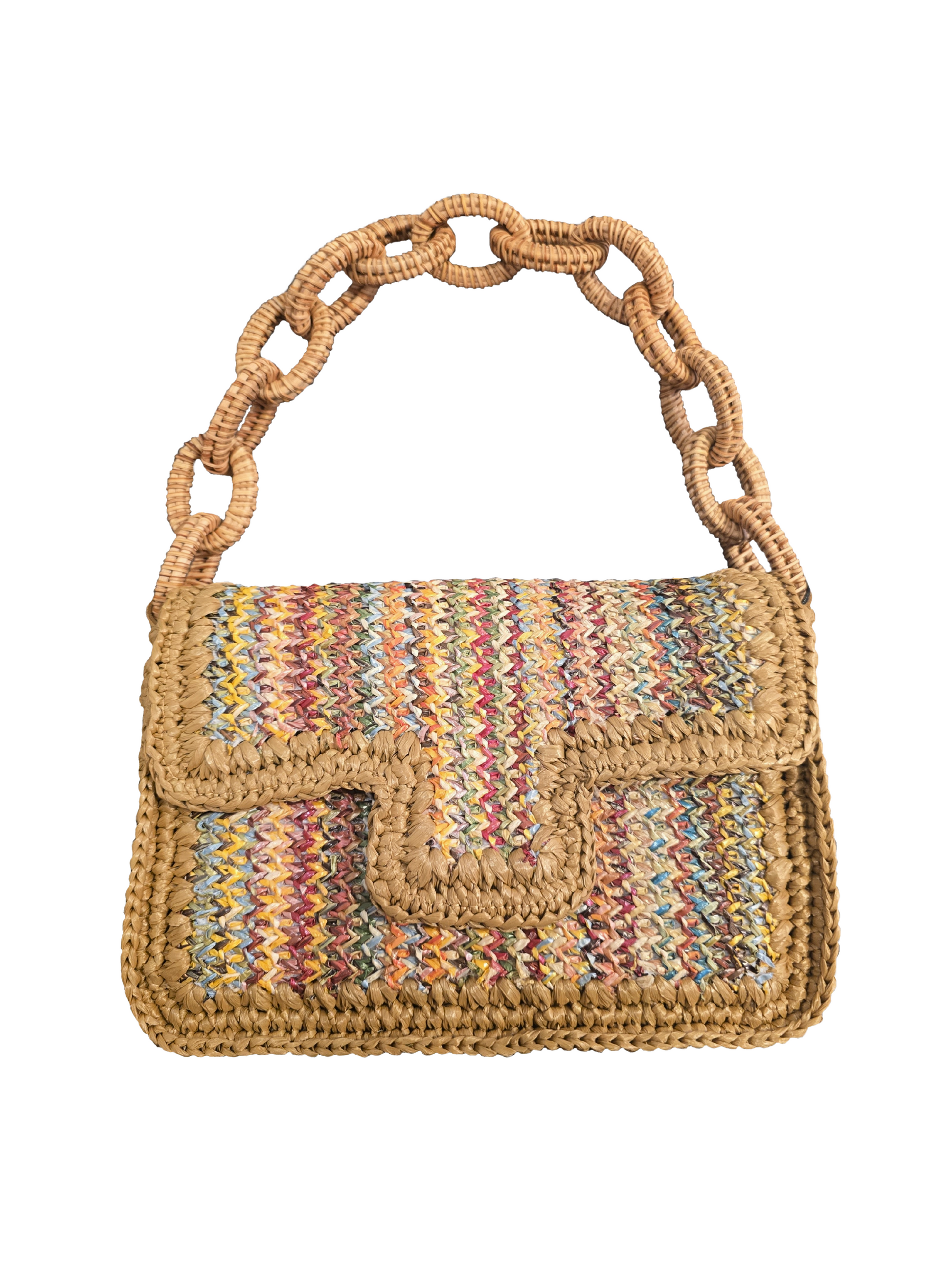 Woven handbag with multicolored pattern