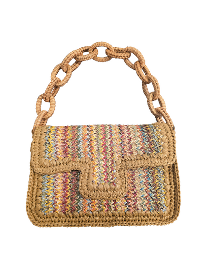 Woven handbag with multicolored pattern