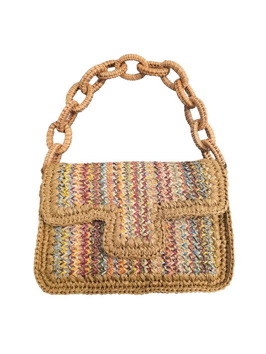 Woven handbag with multicolored pattern