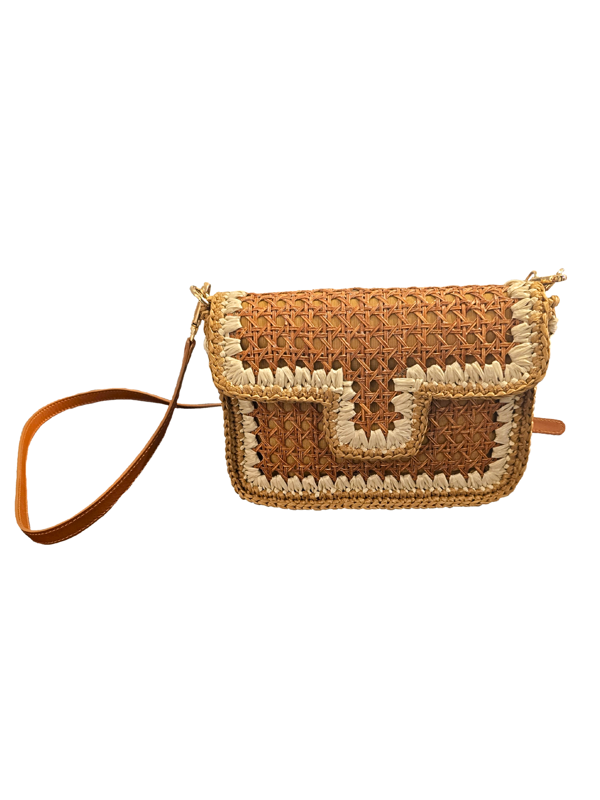 Woven clutch bag with beige accents