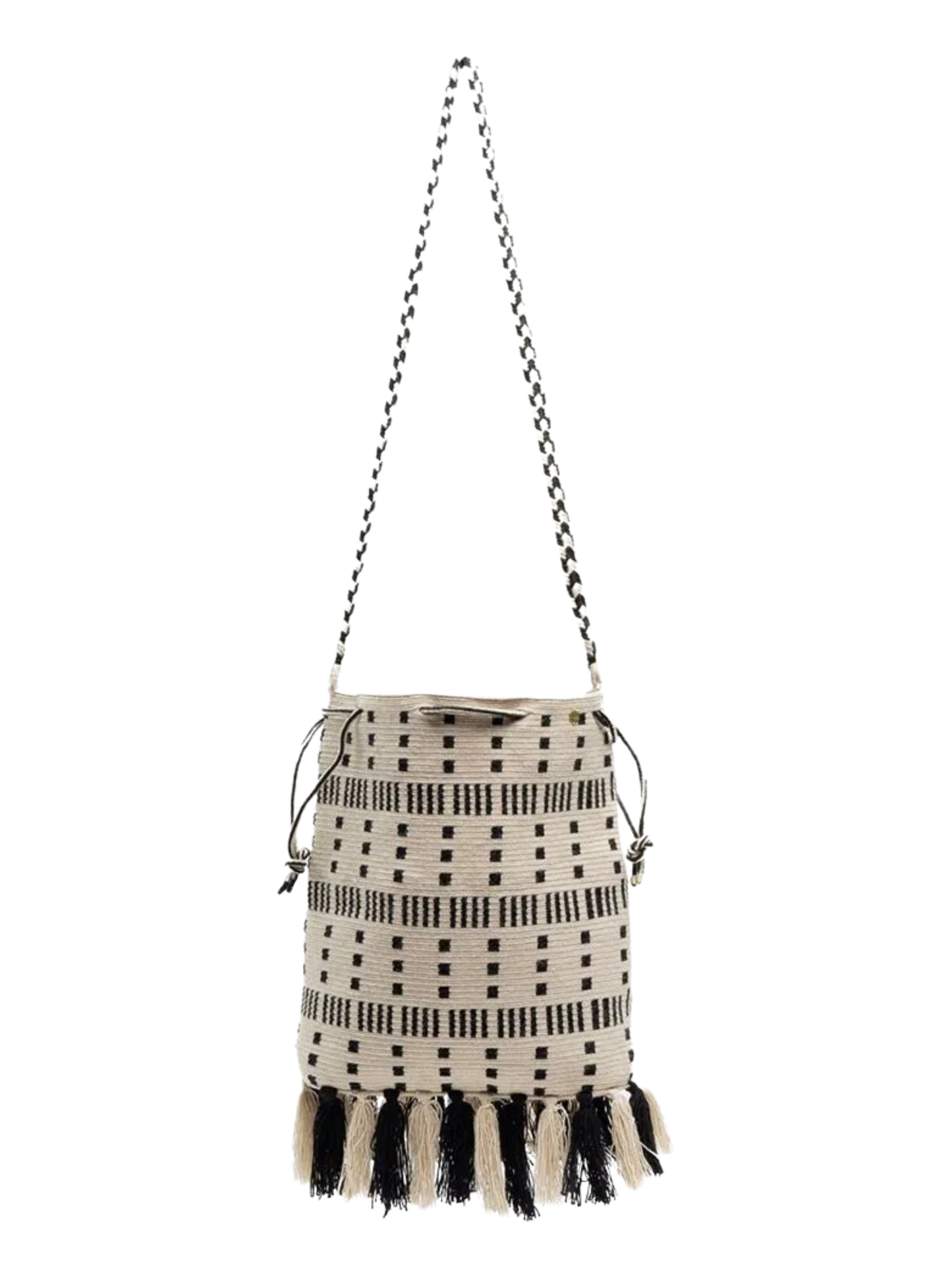 Handbag with black and white pattern and tassels