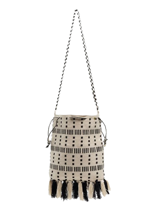 Handbag with black and white pattern and tassels