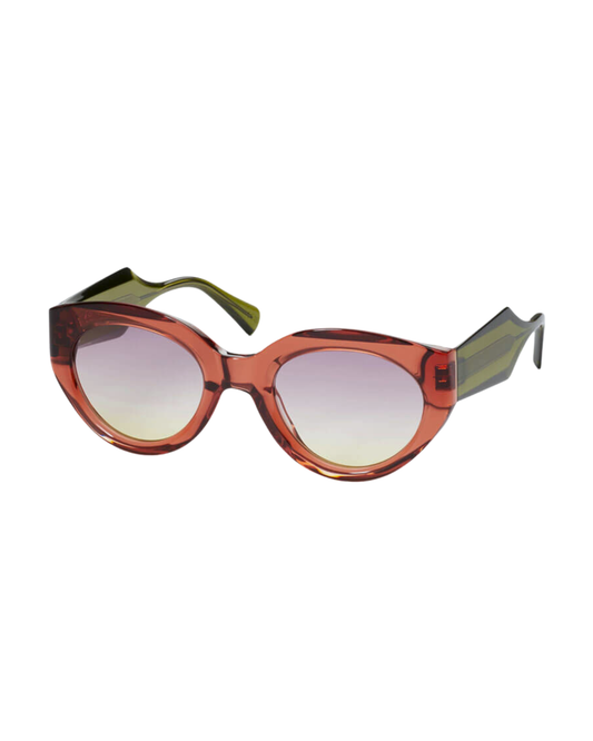 cat-eye sunglasses with a translucent amber-brown frame and olive green temples