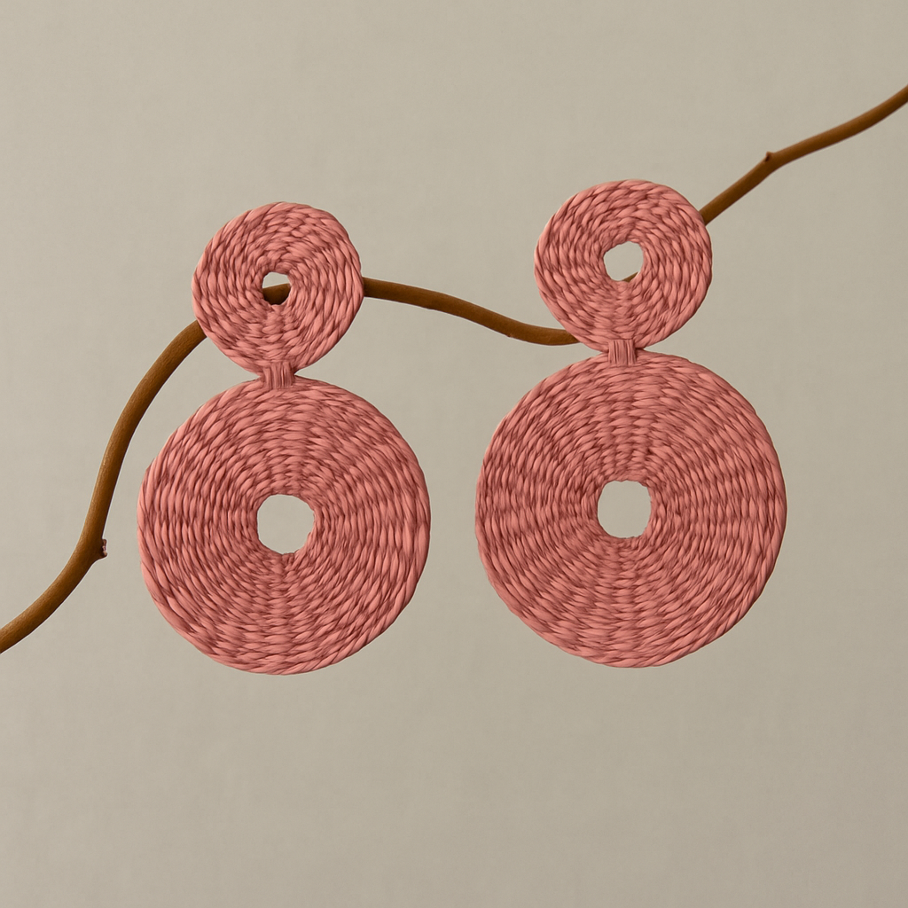 Large double disc raffia earrings with embroidered design