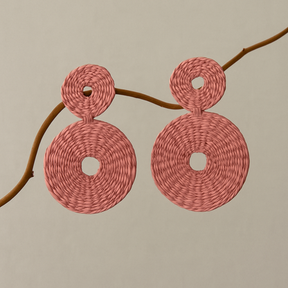 Large double disc raffia earrings with embroidered design