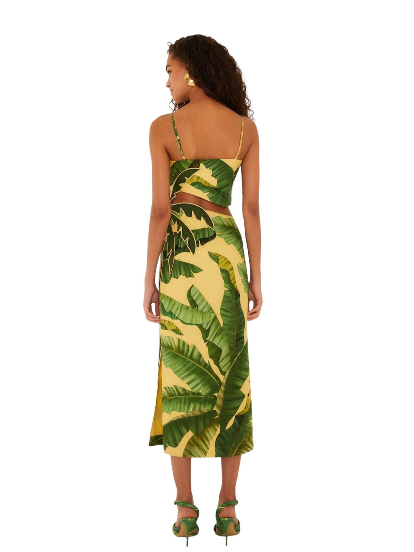  yellow midi dress with a green banana leaf print, featuring spaghetti straps, a side cutout