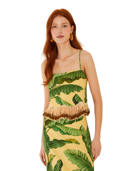  tropical banana leaf print camisole top with thin straps and a fringed, beaded hem