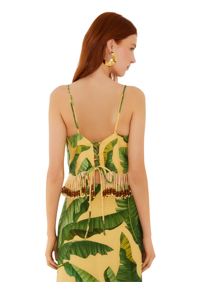  tropical banana leaf print camisole top with thin straps and a fringed, beaded hem
