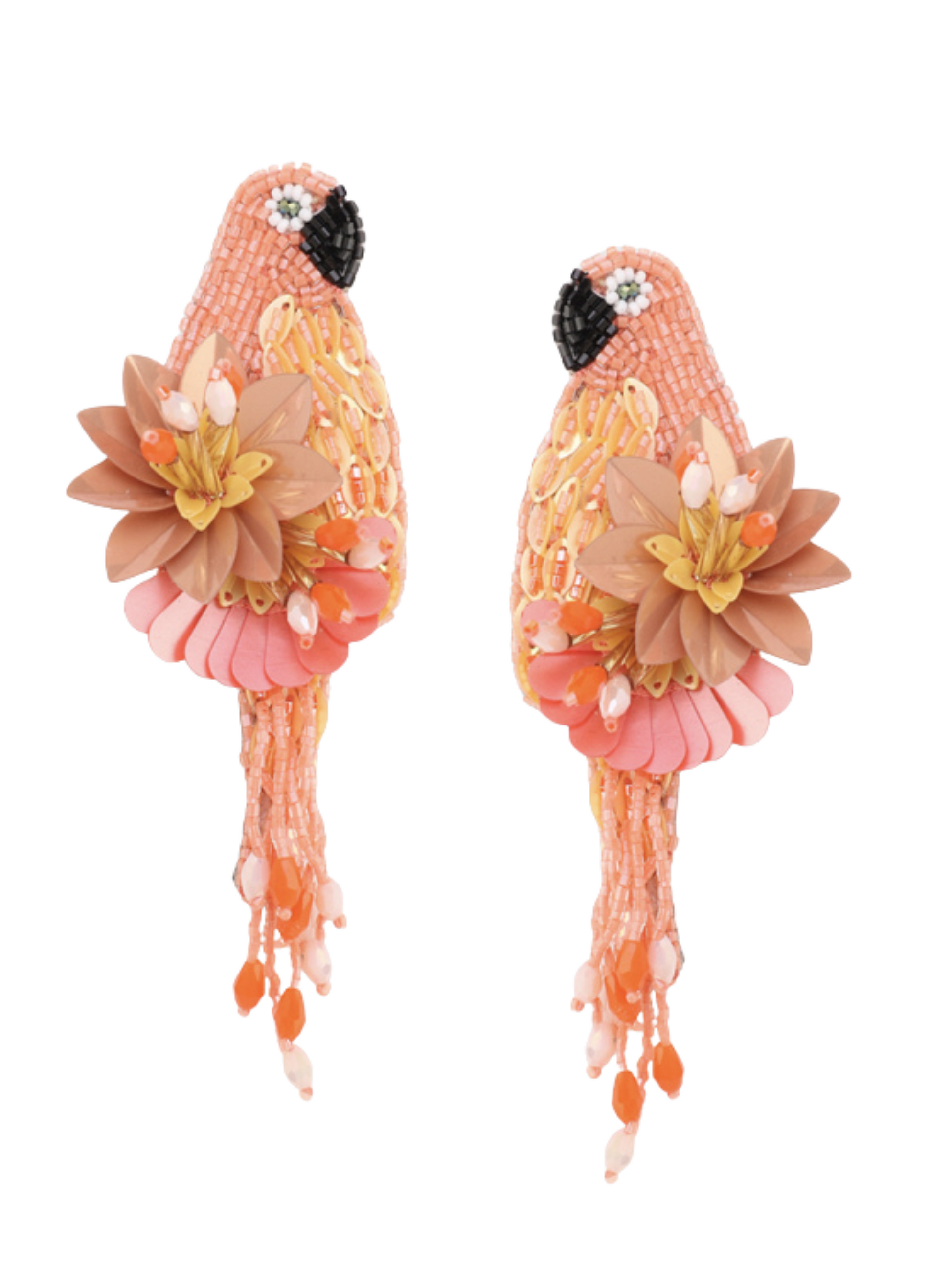 handmade parrot earrings crafted with peach and pink beads