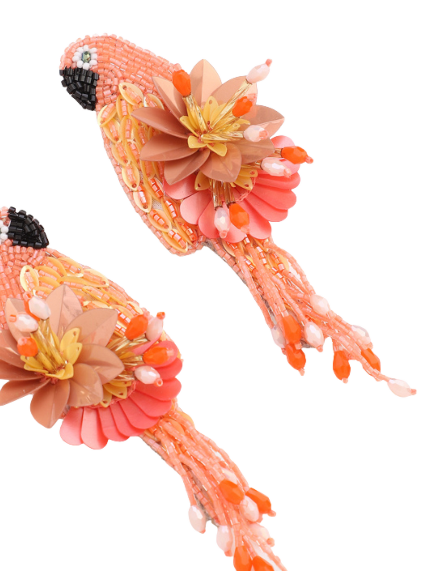 handmade parrot earrings crafted with peach and pink beads