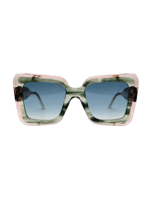 sunglasses with a marbled green and pink frame and blue gradient lenses