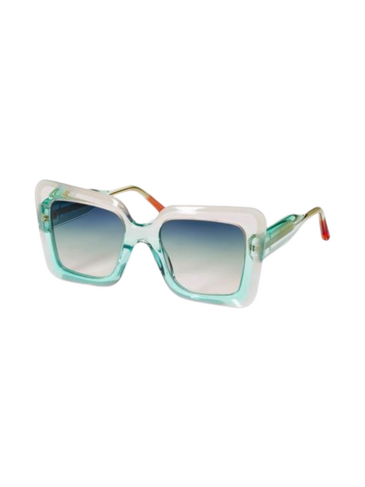 Cat-eye sunglasses with a translucent mint green and white frame, gradient blue lenses