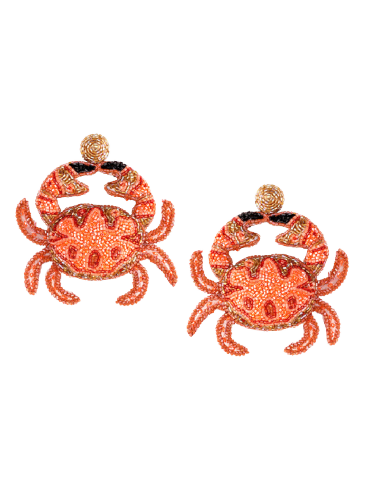  orange and red beaded crab earrings with gold-toned metal outlines and black accents