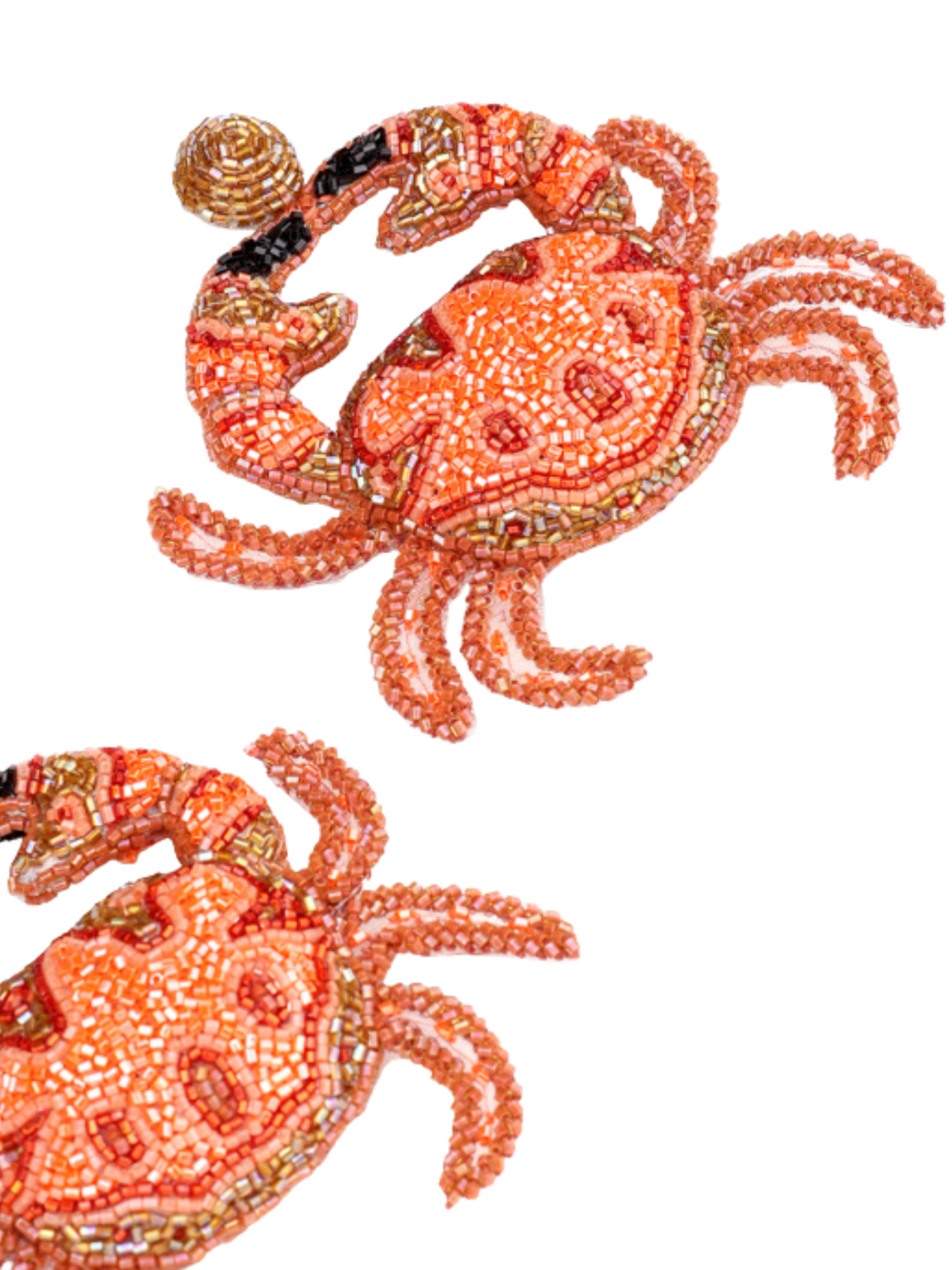  orange and red beaded crab earrings with gold-toned metal outlines and black accents