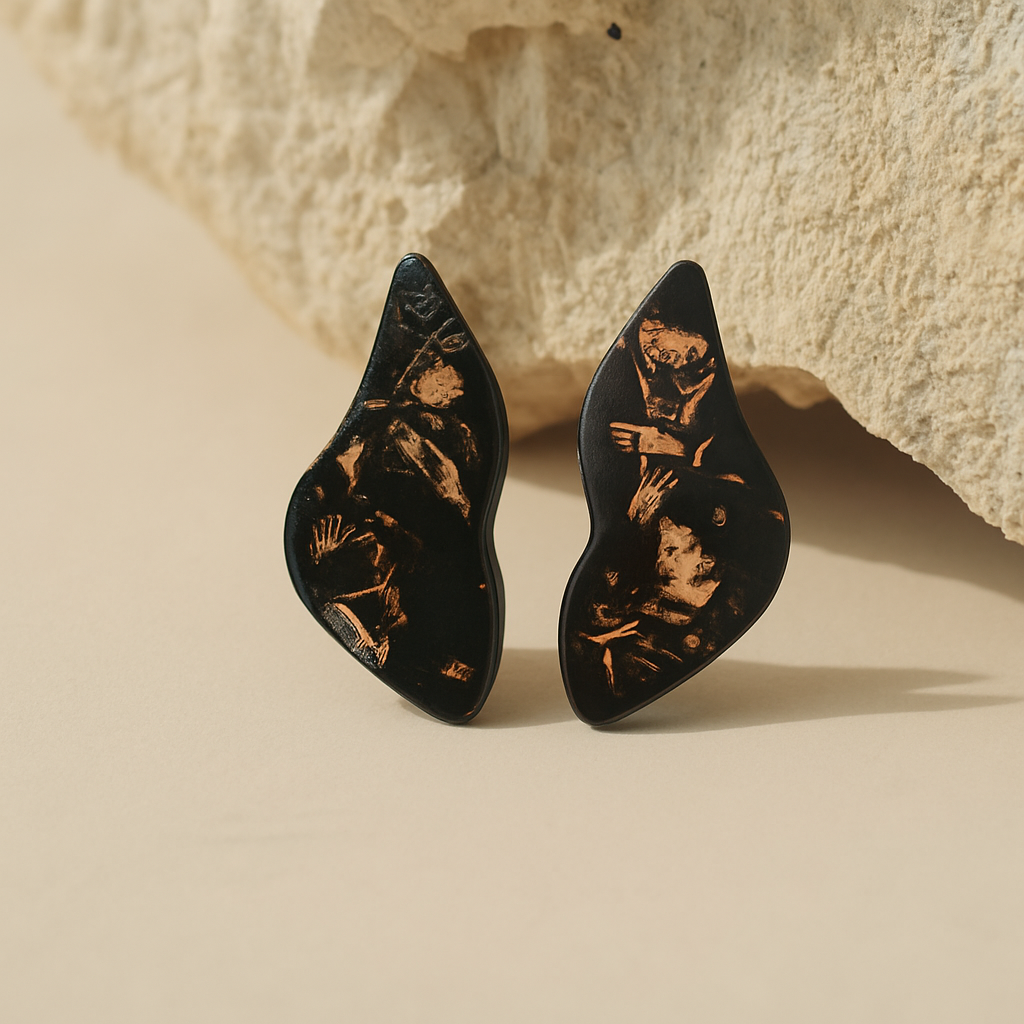Small Black resin earrings with gold leaf