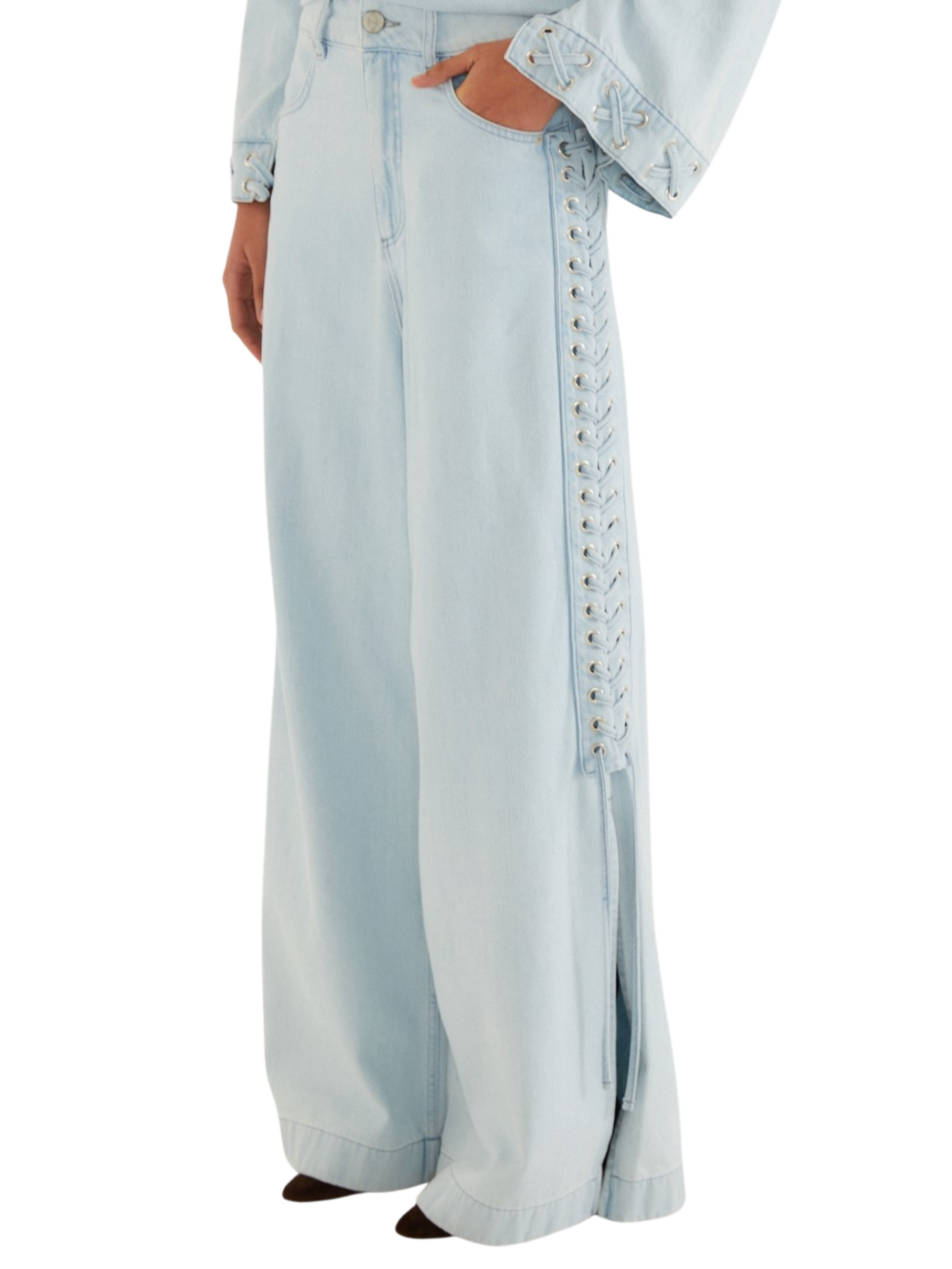 Light blue wide-leg denim pants with decorative lace-up detailing
