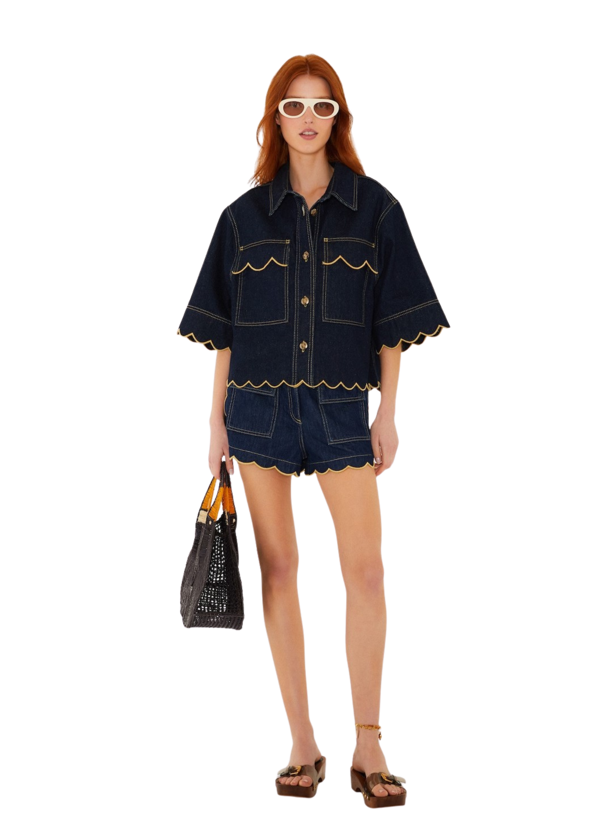 dark indigo denim short-sleeve button-up shirt jacket with yellow contrast stitching and scalloped edges