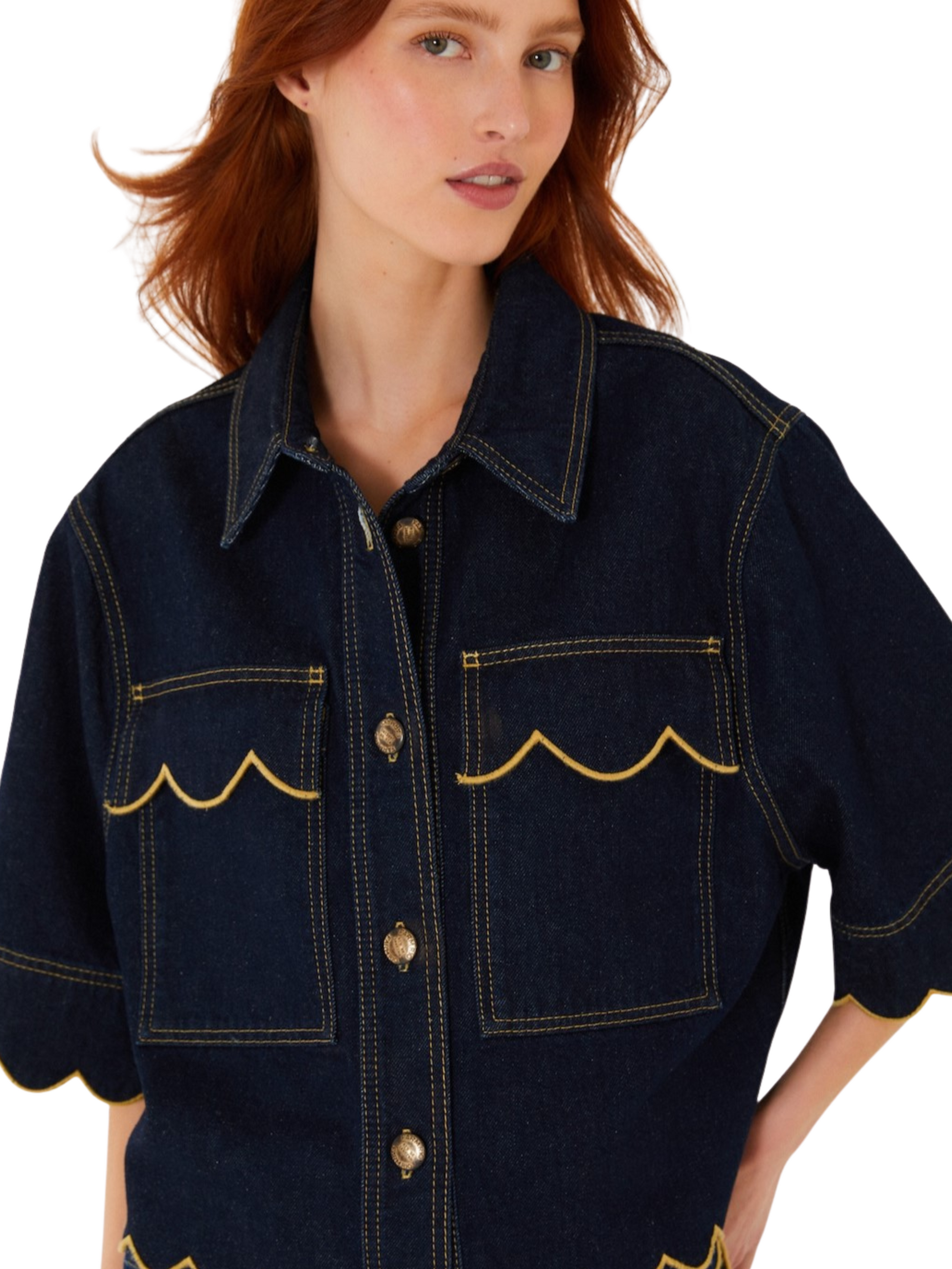 dark indigo denim short-sleeve button-up shirt jacket with yellow contrast stitching and scalloped edges