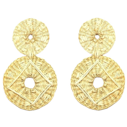Large double disc raffia earrings with embroidered design