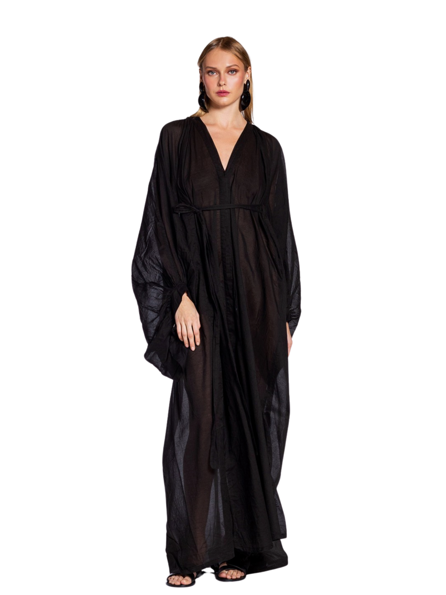 black maxi dress with a deep V-neckline, long wide sleeves