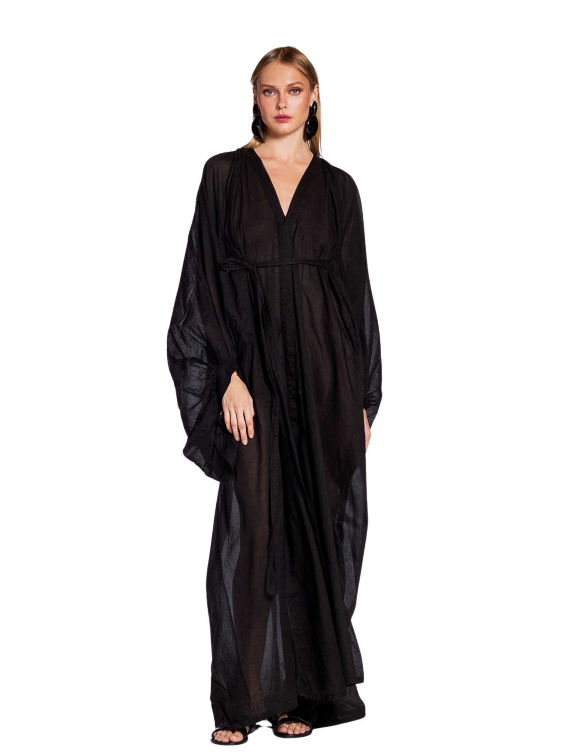 black maxi dress with a deep V-neckline, long wide sleeves