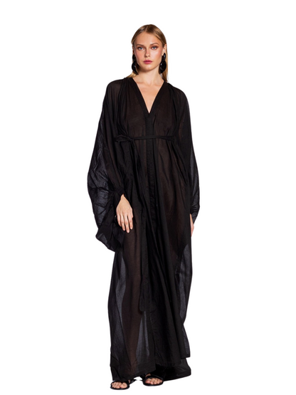 black maxi dress with a deep V-neckline, long wide sleeves