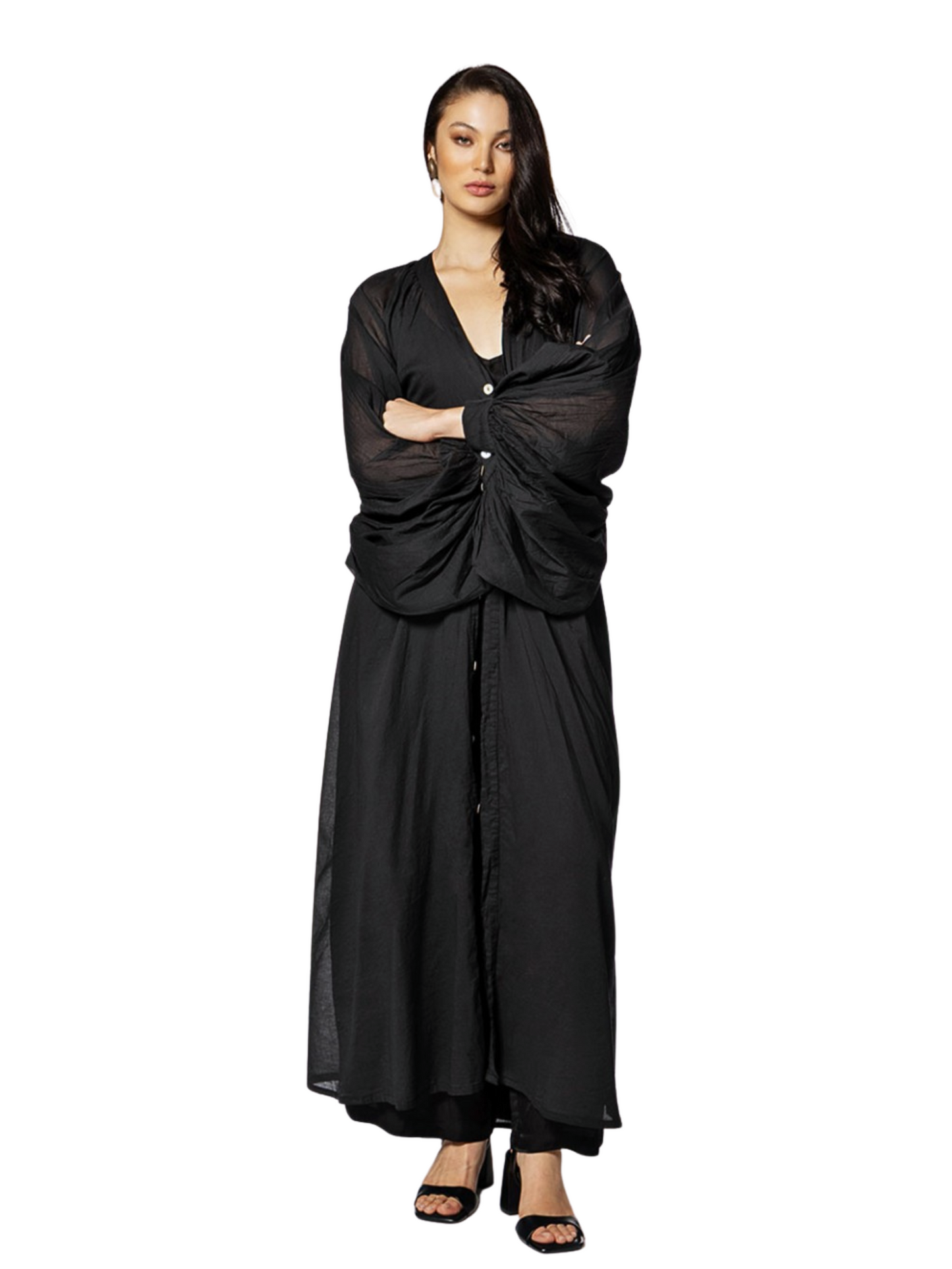  long black draped maxi dress with a V-neckline