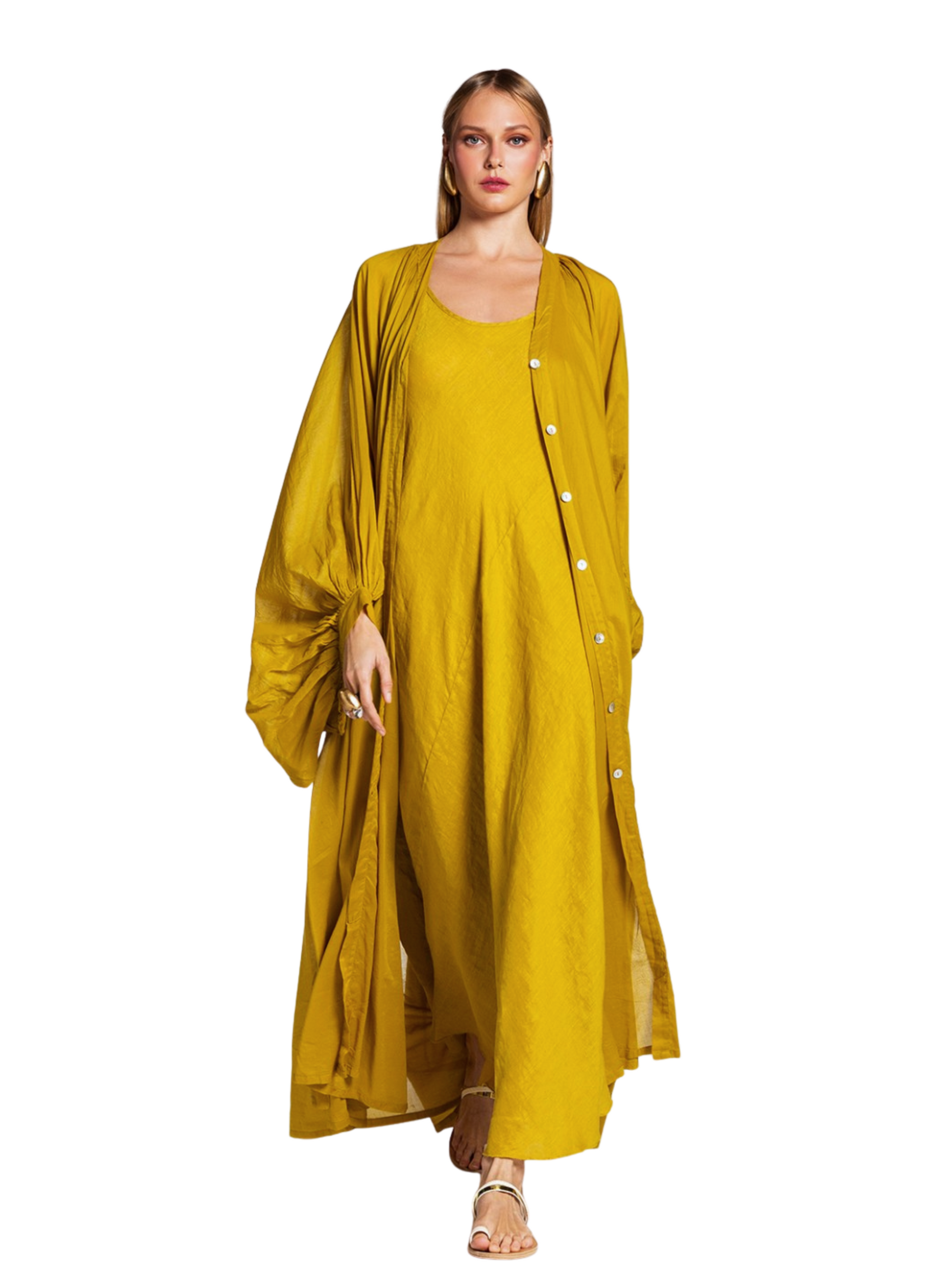 long curry dress with buttons and maxi sleeves