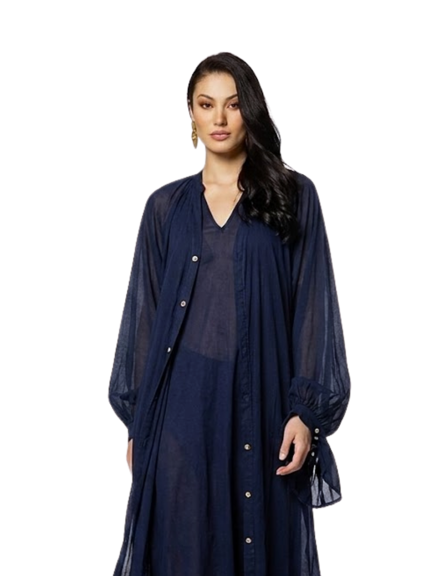 sheer navy blue button-front kaftan