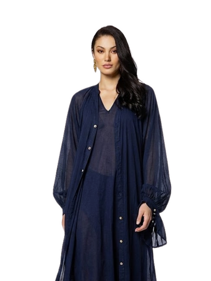 sheer navy blue button-front kaftan