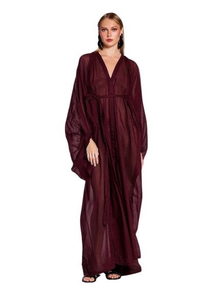 flowing dark burgundy maxi dress with wide sleeves and a V-neckline