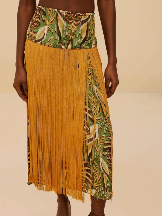 Pineapple Tapestry Fringe Midi Skirt
