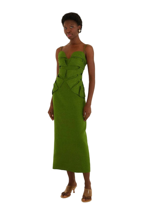 green linen dress with leaf's