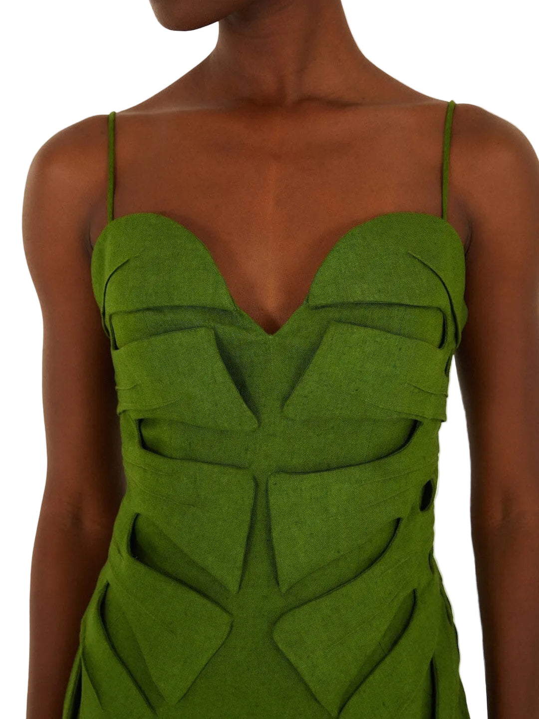 green linen dress with leaf's