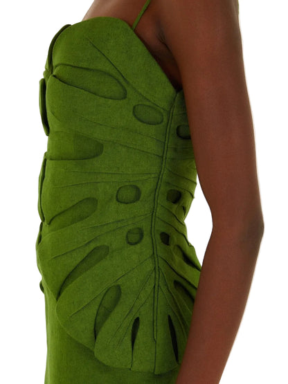 green linen dress with leaf's