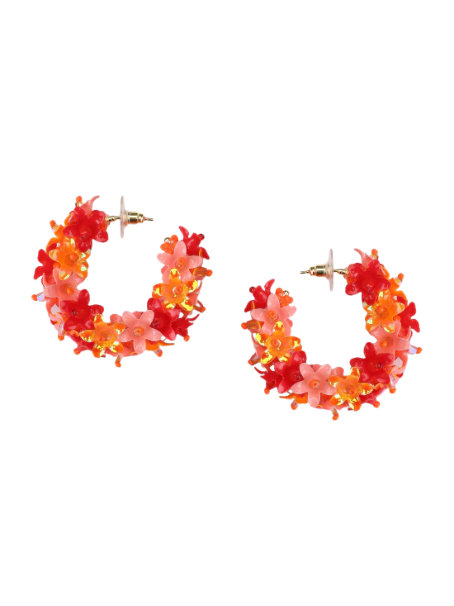 Pair of floral hoop earrings with red and orange flowers
