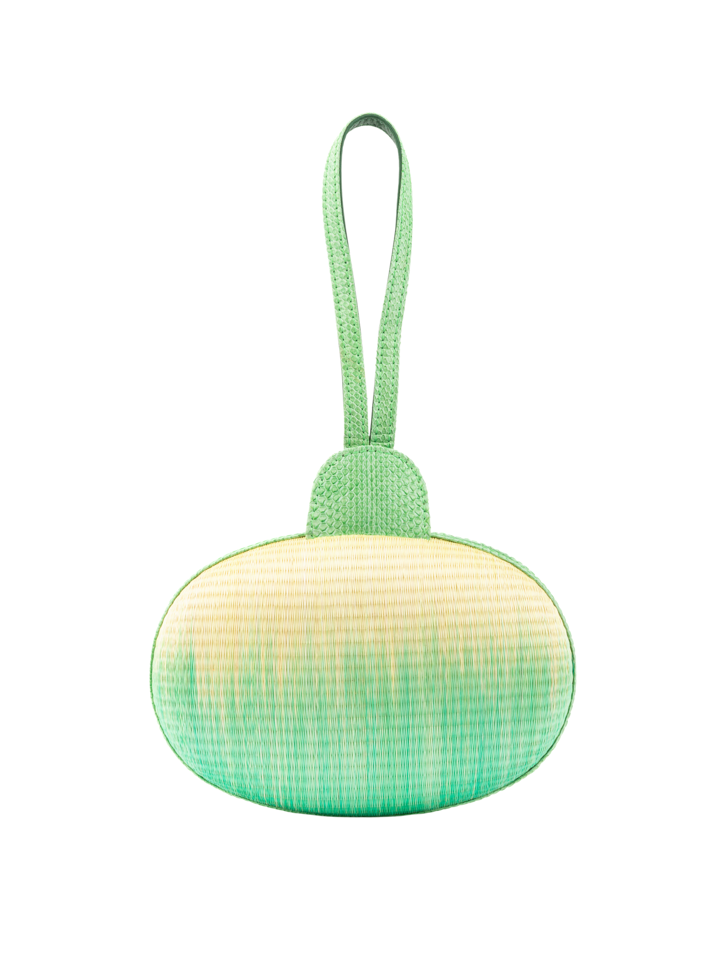 Green and yellow oval-shaped pouch with a strap