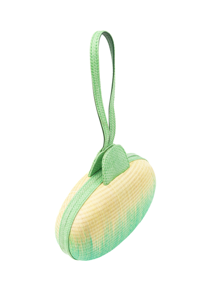 Green and yellow oval-shaped pouch with a strap