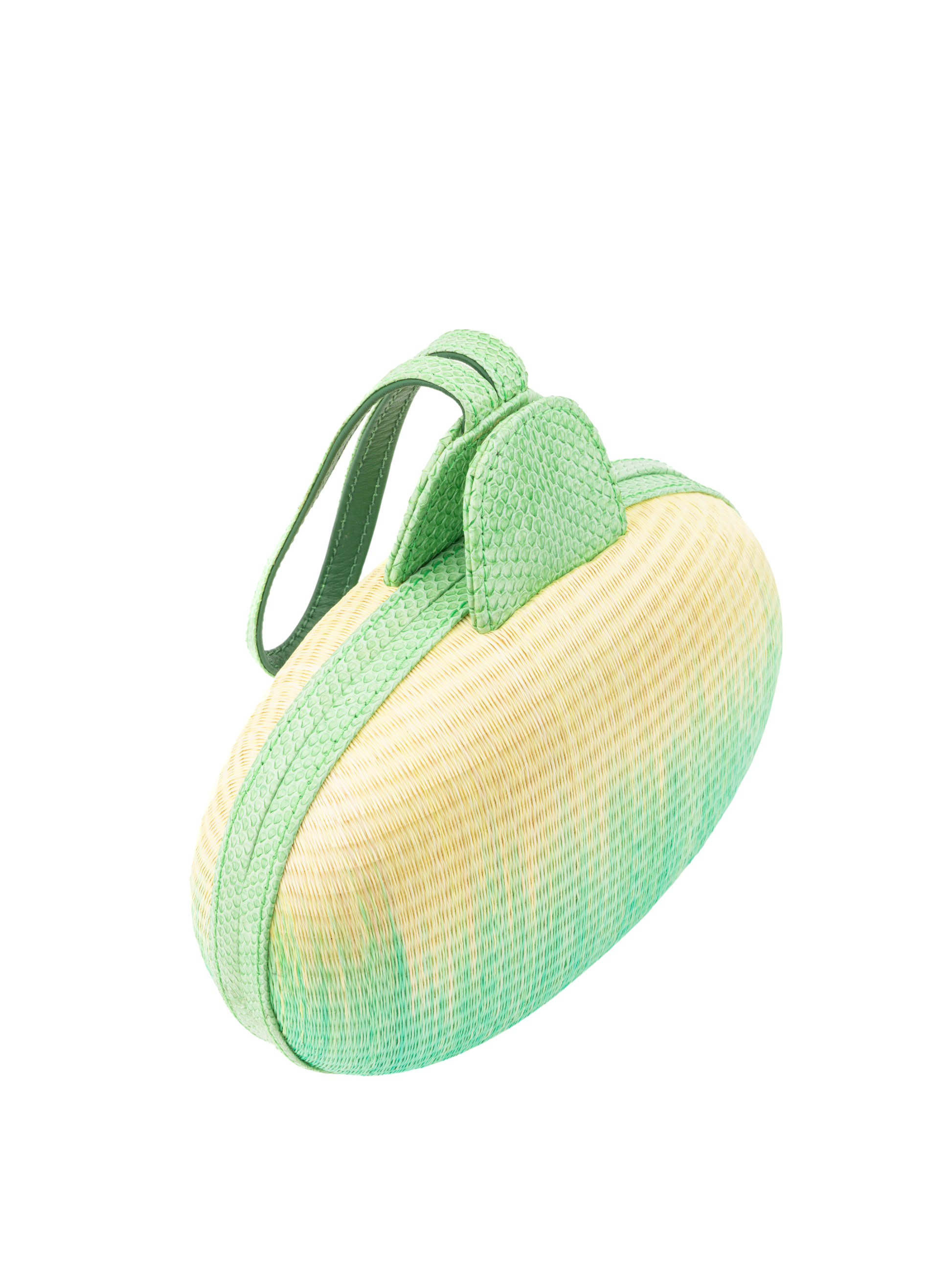 Green and yellow oval-shaped pouch with a strap